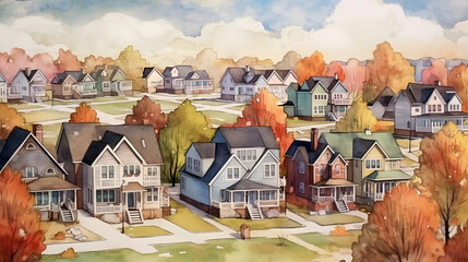 Wall Mural - Suburban Neighborhoods watercolor style