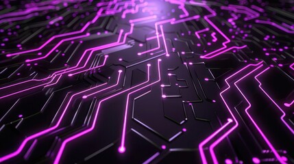 Wall Mural - A sleek 3D abstract background where neon purple circuit lines form a complex network on a dark, metallic surface