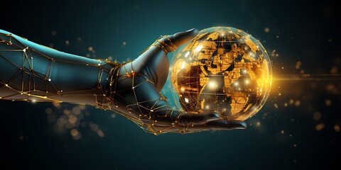 Hand holding the earth with a global network connection, digital technology background for a web banner design and marketing concept.