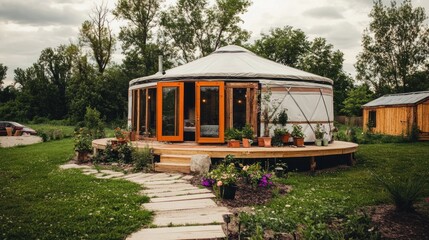 Wall Mural - A wooden yurt with a deck and walkway surrounded by green grass and flowers.