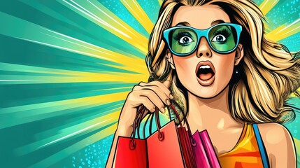 A trendy young woman in glasses, looking surprised, with shopping bags in hand, designed in a cartoon pop art style for an eye-catching advertisement.