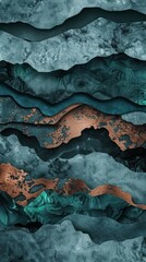 Aufkleber - A sophisticated 3D abstract design featuring layers of cool teal watercolor, rugged dark gray grunge, and polished copper metallic surfaces