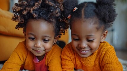 Black girl kids on the ground using a tablet to unwind, learn online or watch animated films, spend screen time with their sisters at home