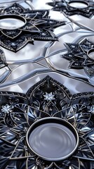 Aufkleber - A sophisticated 3D abstract background featuring symmetrical mandalas in elegant black and silver, intricately designed