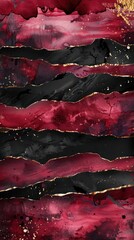 A striking 3D abstract scene with layers of bold crimson watercolor splashes, rugged black grunge textures, and sleek gold metallic highlights