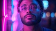 © kodidesign - Portrait of a Thoughtful Man with Glasses Gazing into Neon Lights Reflection, Immersed in Vibrant Pink and Blue Tones