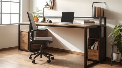 Work desk in a minimalist room with wood and metal frame, with a large space for work pieces on top and two built-in storage shelves on one side