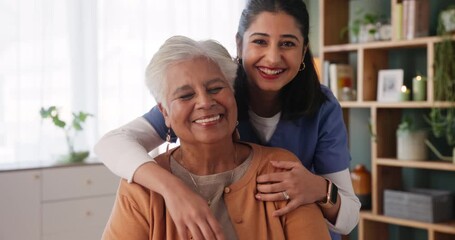 Poster - Happy woman, senior and patient with nurse for elderly care, support or love in hug, embrace or trust at home. Portrait of female person or medical caregiver with smile in assistance at old age house