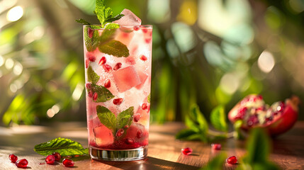 A chilled pomegranate mojito in a tall glass, with ice cubes, mint, and pomegranate arils floating inside, against a softly lit, blurred background of a tropical setting