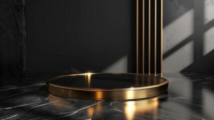 Golden pedestal with black marble floor, 3d rendering. Computer digital drawing.