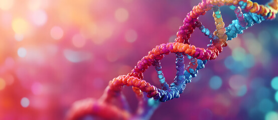 Asymmetrical background with intertwining double helix structures of DNA, using complementary colors to highlight the symmetry in genetic makeup design