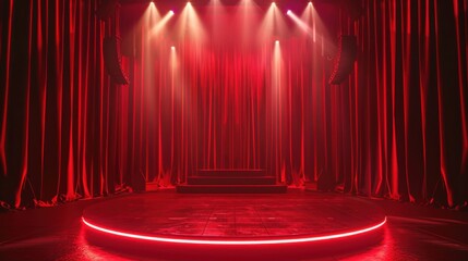 Leinwandbilder - Stage with red curtains and spotlights, 3d rendering. Computer digital drawing.