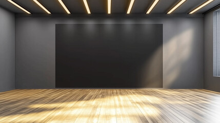 Large empty room featuring a black and gray wall with golden light accents, showcasing a blank square canvas on the wall, ready for artwork or painting. The room has a wooden floor, highlighting moder