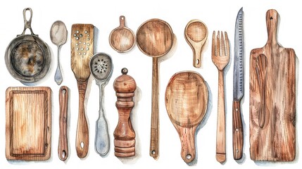 set of kitchen utensils made from bamboo With equipment isolated on white Environmentally friendly friends