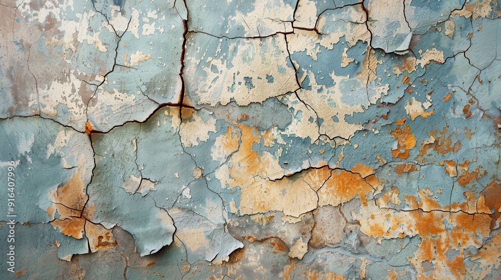 A cracked wall background with prominent fractures and weathered paint ...