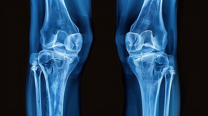 Wall Mural - Pediatric knee X-ray showing early signs of arthritis and cartilage wear, detailed bone structure, blue monochrome, high-resolution, clinical environment, clean presentation. --ar 16:9 --v 6.