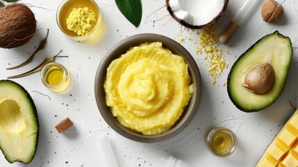 Avocado and coconut themed photo design template with yellow cream in dish on white background, lab items around, space for text