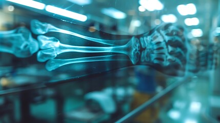 Wall Mural - A high-resolution X-ray of a broken arm, focusing on the fracture site with clear bone detail, medical precision, blue-tinted monochrome, radiology equipment in frame, clinical environment.