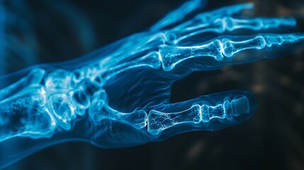 Wall Mural - A high-resolution X-ray of a hand and wrist, focusing on the median nerve and carpal tunnel, detailed bone and tissue structure, medical precision, blue-tinted monochrome,