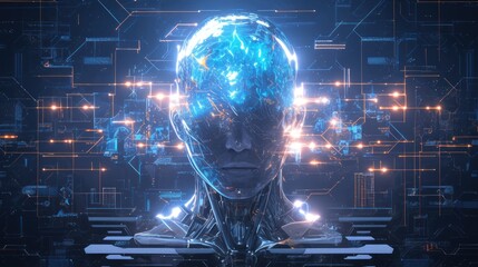 Digital man with glowing blue lines symbolizing the integration of artificial intelligence in modern technology surrounded by futuristic cyber lines and holographic effects