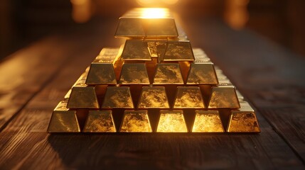 Shiny gold bars arranged in a neat stack on a dark wooden table with soft lighting