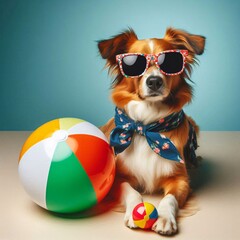 Dog with Sunglasses and a Beach Ball on a Solid Background Featuring Ample Copy Space