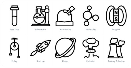 Sticker - A set of 10 science icons as test tube, laboratory, astronomy