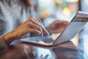 Close-up of woman browsing e-commerce website on tablet device, showcasing digital shopping