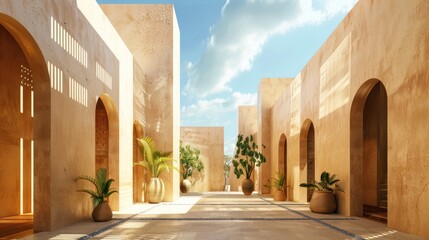 Wall Mural - Contemporary eastern architecture with beige walls under a blue sky. Tropical design concept backdrop