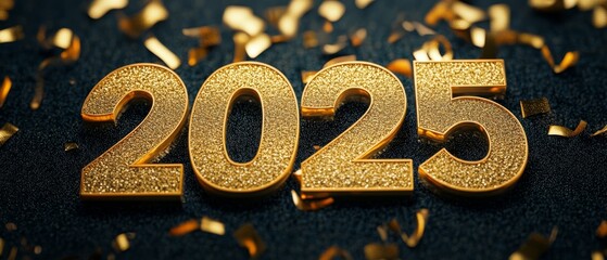 Golden glittering 2025 numbers on a background with sparkling lights and gold confetti. Ideal for holiday greeting cards, invitations, and festive events