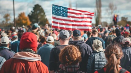 Crowd of patriots marching on the street holding the American flag