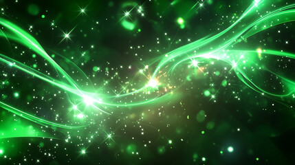 Aufkleber - Abstract digital illustration of green glowing lights, energy waves, and sparks against a dark black background, featuring swirling light effects, stars, lines, and circles. This vibrant and dynamic d