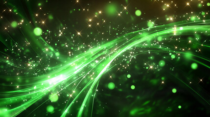 Aufkleber - Abstract digital illustration of green glowing lights, energy waves, and sparks against a dark black background, featuring swirling light effects, stars, lines, and circles. This vibrant and dynamic d