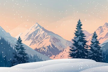 Wall Mural - Abstract illustration of snowy winter landscape with pine trees and snow-capped mountains, representing seasonal beauty