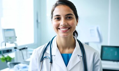 Wall Mural - Portrait of young female doctor smiling at camera while standing in clinic