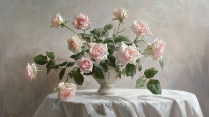 Canvas Print - Pink roses in a vase on a white tablecloth indoors.