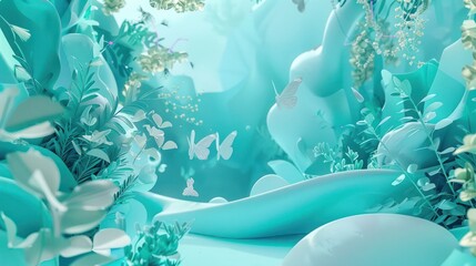 Aufkleber - an enchanting 3D abstract scene with interactive elements in serene teal and aquamarine, where user interaction sets off captivating motion graphics and parallax effects