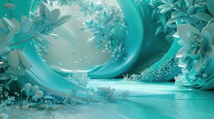 Aufkleber - an enchanting 3D abstract scene with interactive elements in serene teal and aquamarine, where user interaction sets off captivating motion graphics and parallax effects
