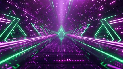 Wall Mural - 3D abstract background adorned with retro-futuristic elements in shades of cosmic purple and laser green