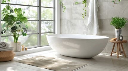 Poster - Modern bathroom interior design featuring white ceramic bathtub and decor. Includes home spa and self-care concepts.