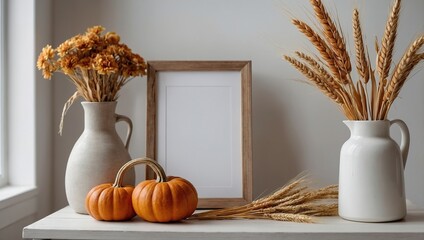 Wall Mural - Empty frame mockup with wooden box of decorative pumpkins, vase of dry wheat on white table in nordic room interior