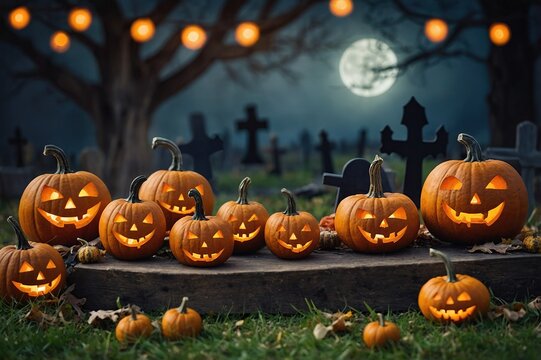 Empty Halloween Card Party - Pumpkins And Zombies In Graveyard With empty Wooden Board