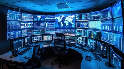 Poster - a sophisticated cybersecurity control room, with multiple screens displaying real-time threat analys