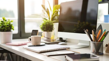 Poster - A stylish office desk with a computer, a notebook, a cup of coffee, and a few office supplies neatly organized.