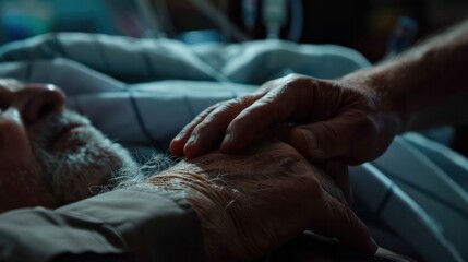 Sticker - Close up hand touching the hand of an elderly in hospital