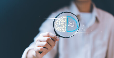 businessman,holding magnifying glass,digital touch screen, hemispherical brain icon,representing dev