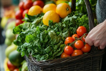 Wall Mural - A shopper holds a basket overflowing with fresh greens, ripe tomatoes, and citrus fruits while exploring a vibrant market filled with produce