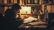 © keetazalay - A peaceful photo of a student studying late at night in a cozy dorm room, with textbooks and notes spread out on a desk, illuminated by a desk lamp, capturing the dedication and hard work involved in