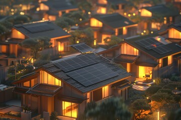 Wall Mural - House with solar panels In an environmentally friendly city Global illumination, warm light, realistic