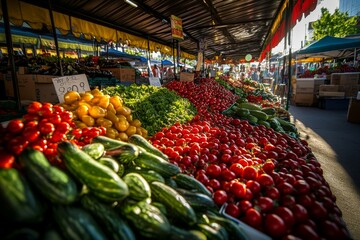 Wall Mural - Fresh vegetables including tomatoes, cucumbers, and peppers are beautifully arranged at a lively farmers market filled with people in the late afternoon sun